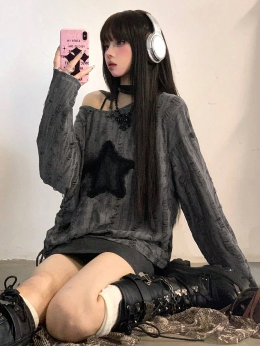 女士时尚 Y2K 五角星印花侧抽绳长袖 T 恤 - 深灰色 - 查看 1