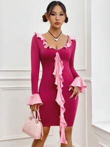 Chiquease Vestido Ajustado Con Detalle De Volantes Multiflor Y Bloque De Colores - Rosa - Ver 6