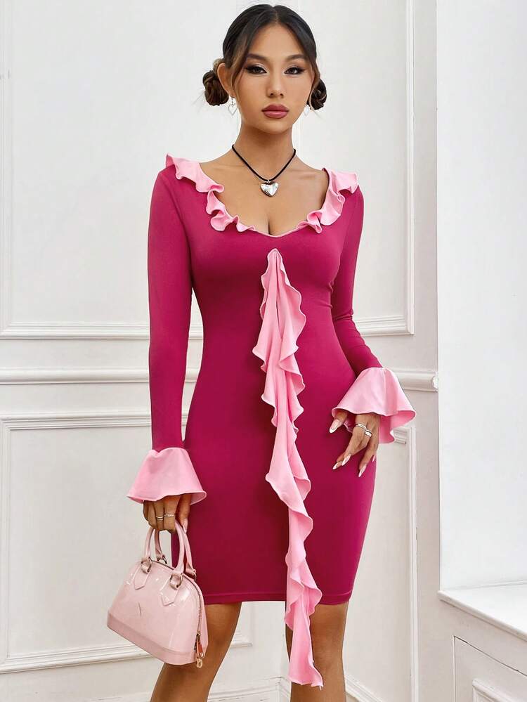 Slim Fit Colorblock Ruffle Trimmed Dress
