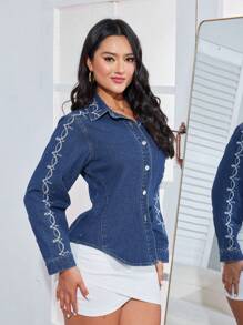 SHEIN Privé 女士刺繡牛仔上衣 - 深色水洗藍 - 查看 1