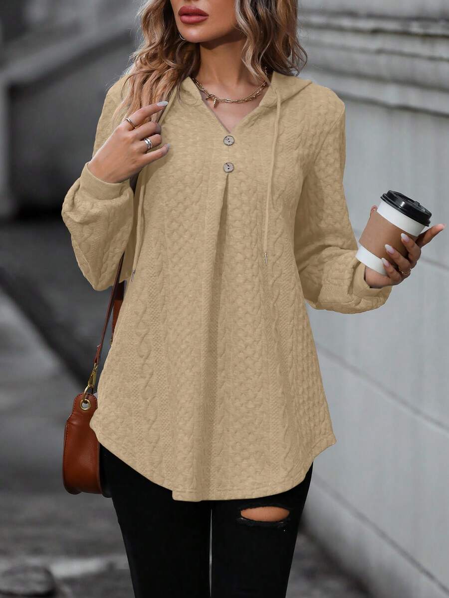 SHEIN LUNE 抽繩花卉提花長袖連帽衫 - 杏色 - 查看 1