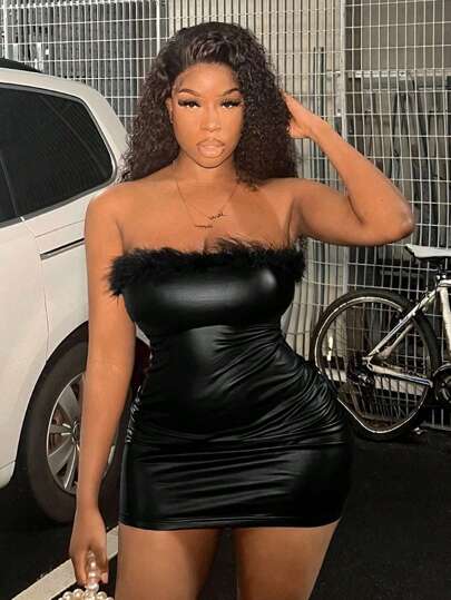 Slaydiva Summer Music Festival Black PU Tight Mini Dress For Women With Fake Tops And Chest Covering