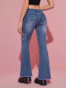 SHEIN MOD Vaqueros Acampanados Con Lavado Con Agua Y Decoración En El Dobladillo Sin Rematar Para Mujer