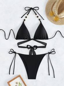 Swim SXY Women's Halter Neck Cut Out Bikini Set With Strap Music Festival Summer Beach - Black - View 5
