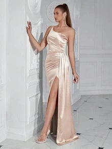 ADYCE Women Ruched Halter High Slit Long Tie Side Dress, Suitable For Celebration Party - Apricot - View 6