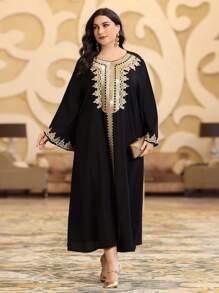 Layrah 大码女士刺绣带阿拉伯卡夫坦贾拉比亚连衣裙，优雅奢华晚会风格 - 黑色 - 查看 3