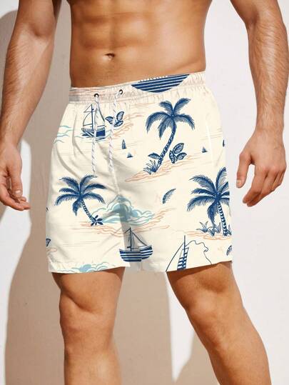 Manfinity Swimmode Shorts de playa con estampado de palmeras para hombres, para playa, vacaciones, estilo hawaiano
