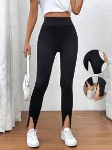 SHEIN LUNE Women'S Solid Color Wide Waistband Leggings - Black - View 1