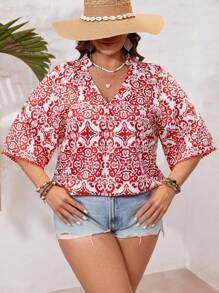 SHEIN VCAY 大尺碼女款度假花印花襯衫 - 紅白色 - 查看 3