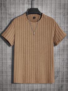 Manfinity BRENVOR Men's Solid Color Knitted Short Sleeve T-Shirt, Summer - Khaki - View 1