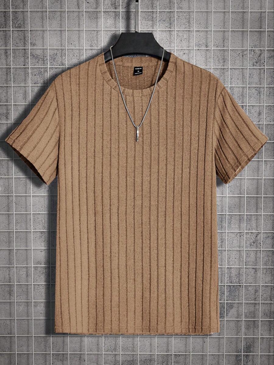 Manfinity BRENVOR Men's Solid Color Knitted Short Sleeve T-Shirt, Summer - Khaki - View 1