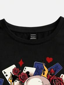 SHEIN Coolane 女士休閒骷髏玫瑰印花短袖T恤，夏季 - 黑色 - 查看 4