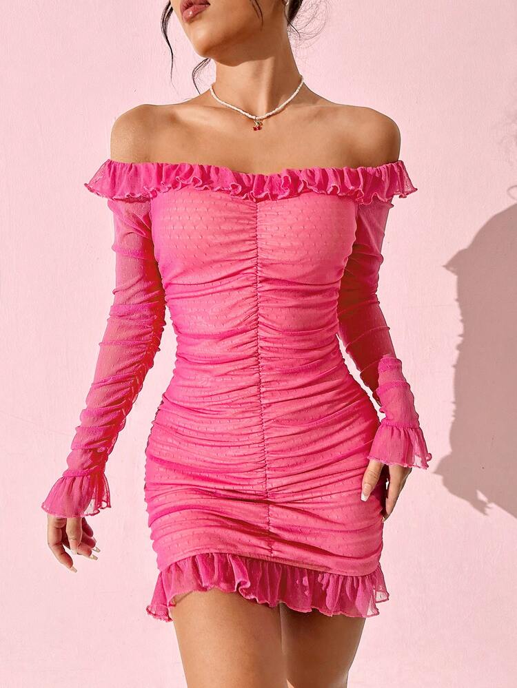 Women's Long Sleeve Ruffle & Pleated Hem Dress