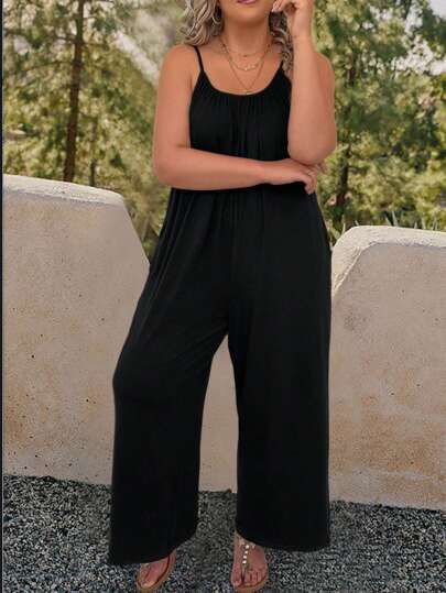 Breezaya Plus Size Women's Summer Casual Sleeveless Adjustable Spaghetti Strap Wide Leg Bohemian Style Jumpsuit