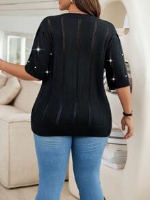 Calvaya Plus Size Women'S Knitted Top With Faux Pearl And Hollow Out Design - Black - View 2