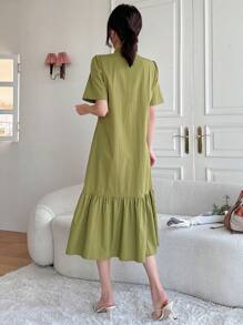 DAZY Women'S Loose Fit Puff Sleeve Knee-Length Dress With Ruffled Hem, Single Breasted Design And Pointed Collar - Green - View 2