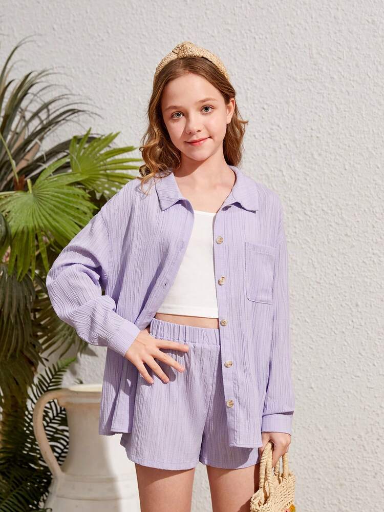 Tween Girls' Solid Color Woven Loose Casual Shirt, Solid Color Loose Shorts, Solid Color Knitted Cami Top - 3pcs/Set