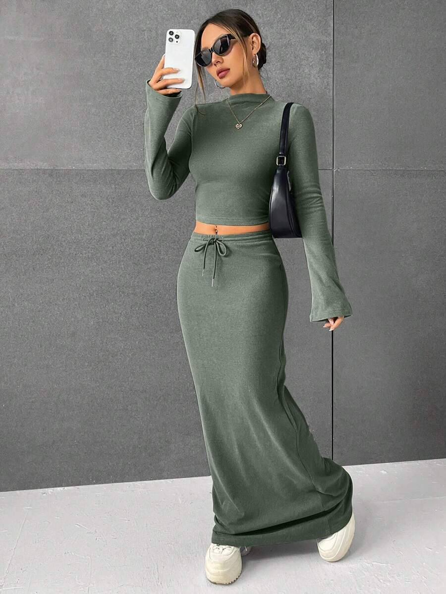 SHEIN EZwear 女士純色針織休閒套裝 - 墨綠色 - 查看 1