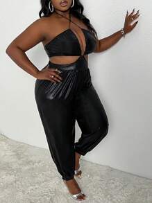Slaydiva Slayr Plus Music Festival & Party Elegant Sexy Style Solid Color Sleeveless Criss-Cross Halter Backless Belted Jumpsuit, PU Coated Fabric, Plus Size - Black - View 4