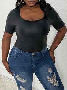 Slaydiva Plus Size Women's Short Sleeve Faux Leather Bodysuit - Black - View 3