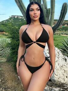 Swim SXY Women's Halter Neck Cut Out Bikini Set With Strap Music Festival Summer Beach - Black - View 1