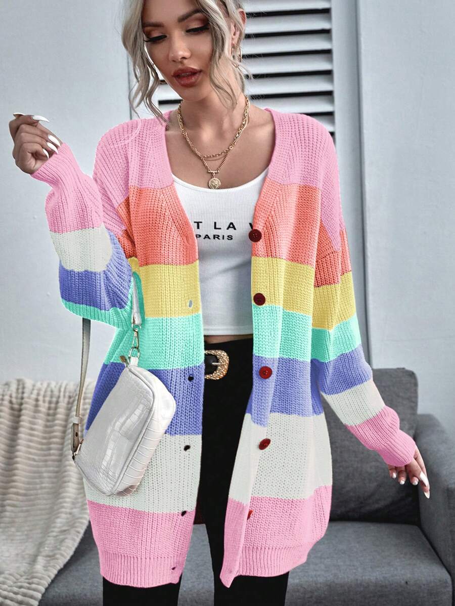 SHEIN Essnce Rainbow Stripe Long Sleeve Cardigan - Multicolor - View 1