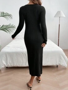 SHEIN Thai sản Sọc Nút Trang trí Đầm - màu đen - Xem 3