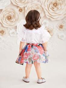 SHEIN Baby Girls' Gorgeous Mesh Ruffle Top And Skirt Set With Floral Print - White - View 2