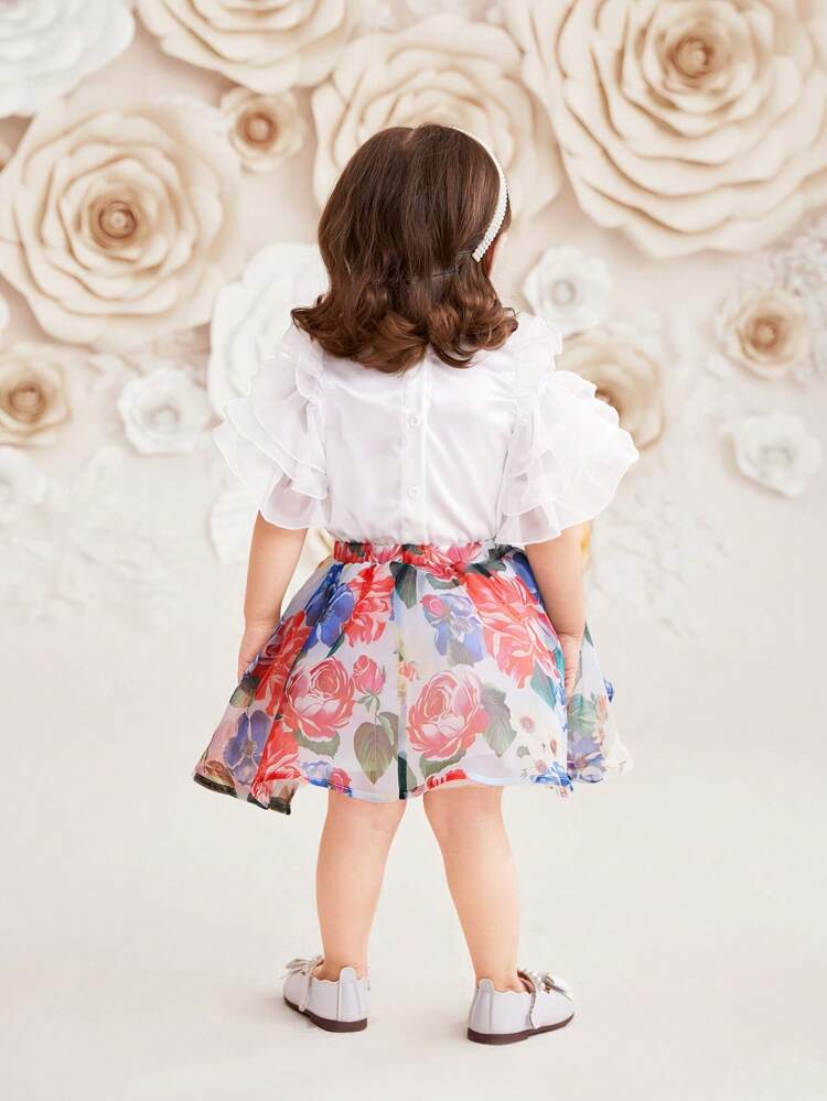 Baby Girls' Gorgeous Mesh Ruffle Top And Skirt Set With Floral Print