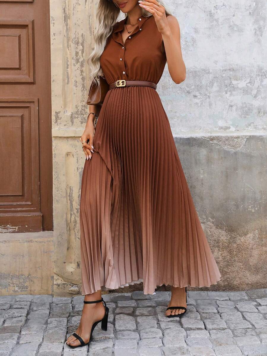 SHEIN Clasi Biến đổi dần Xếp li Không tay Váy sơ mi Không có Eo Thắt lưng - màu nâu - Xem 1