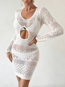 SHEIN Holidaya Quý cô Xu hướng: Cắt giảm Áo len dệt kim Đầm - trắng - Xem 3