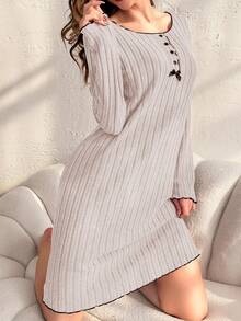 Color Block Trimmed Homewear Sleep Dress - Apricot - View 4