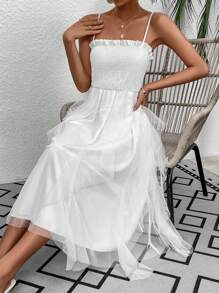 SHEIN VCAY 網紗拼接抽褶背心裙 - 白色 - 查看 3