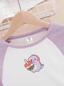 SHEIN Tween Girl Dinosaur Printed Color Block Raglan Sleeve Vacation & Casual T-Shirt - Mauve Purple - View 4