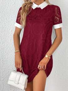 SHEIN Essnce Women's Colorblock Lace Dress With Contrast Collar And Cuff