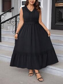 Breezaya Kích thước lớn Cổ chữ V Ren Nghệ Embellished Váy không tay - màu đen - Xem 1