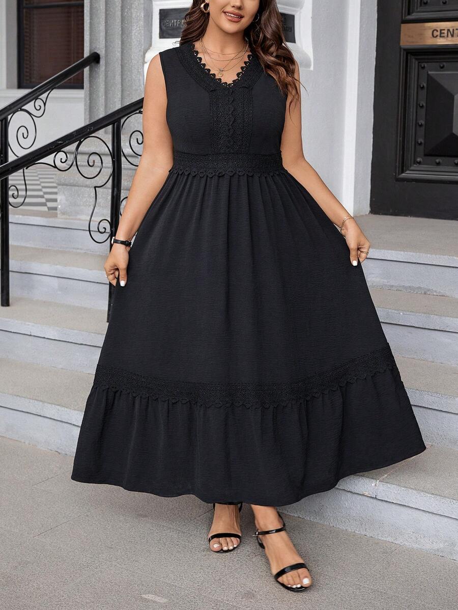 Breezaya Kích thước lớn Cổ chữ V Ren Nghệ Embellished Váy không tay - màu đen - Xem 1