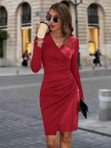 SHEIN Clasi 女裝拼接褶皺包裝裙 - 紅色 - 查看 4