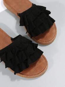 黑色新款时尚不对称蕾丝边沙滩拖鞋女士防滑户外鞋 - 黑色 - 查看 4
