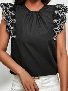 SHEIN Privé 女士盖袖蕾丝拼接圆领衬衫 - 黑色 - 查看 4