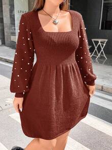 Flirla Women's Plus Size Square Neck Beaded Lantern Sleeve Sweater Dress - Brown - View 6
