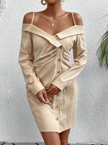 SHEIN Privé Của phụ nữ Off Shoulder Nút phía trước Đầm - Màu be - Xem 1