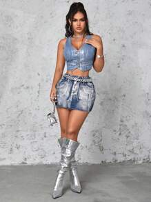 SHEIN SXY Women's Sleeveless Denim Jacket - Light Wash - View 5