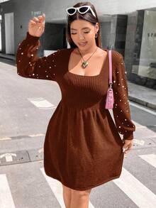 Flirla Women's Plus Size Square Neck Beaded Lantern Sleeve Sweater Dress - Brown - View 5