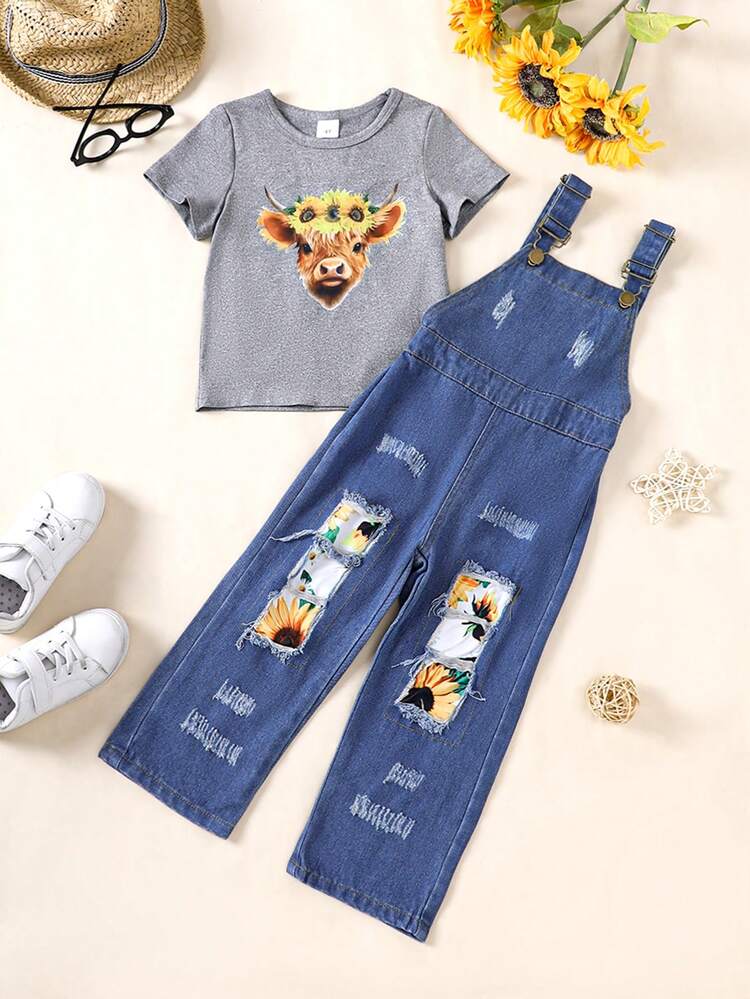 Toddler Girls' Sunflower Pattern T-Shirt And Denim Overall Set For Holiday