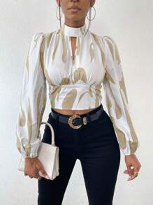 VaVaBold Women's Pattern Printed Keyhole Neck Lantern Sleeve Blouse - Multicolor - View 1