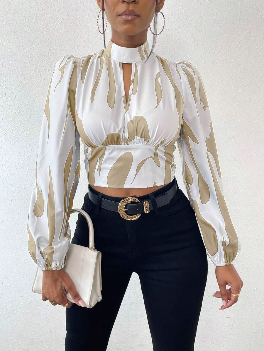 VaVaBold Women's Pattern Printed Keyhole Neck Lantern Sleeve Blouse - Multicolor - View 1