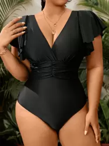 Swim Lushoire Summer Beach Plus Size Solid One-Piece Swimsuit With Ruffled Sleeves