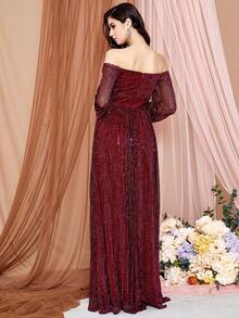 LOVE&LEMONADE Women's Off Shoulder Burgundy Dress With High Slit And Long Sleeves - Red - View 2