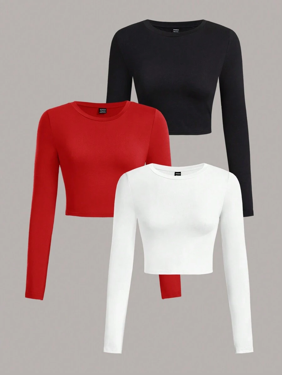 SHEIN EZwear 3 件套休闲简约百搭圆领长袖短款修身女式 T 恤,适合春秋季 - 彩色 - 查看 1